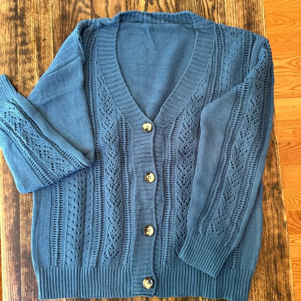 Open Knit Drop Shoulder Cardigan in Teal Size Medium